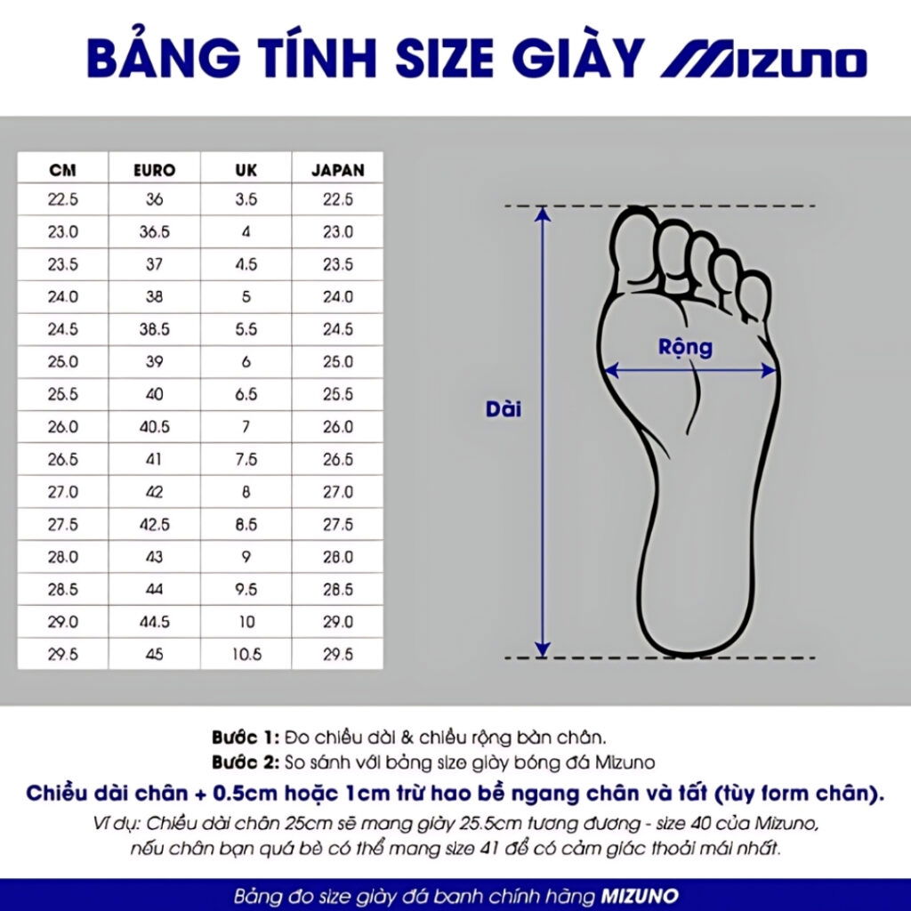 Bảng đo size giày chính hãng Mizuno