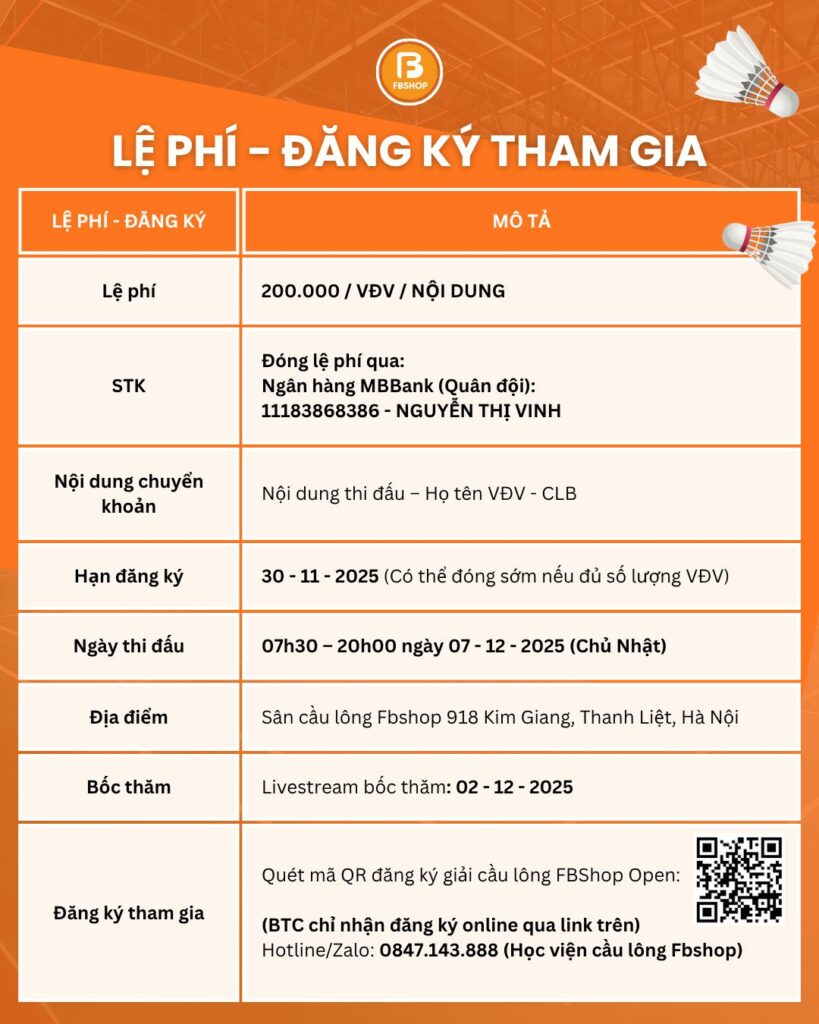 Hướng dẫn đăng ký tham gia giải cầu lông FBshop Open tranh cúp Gosen 2025