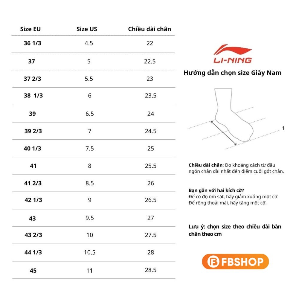 Bảng Size giày Lining Bảng Size giày Lining