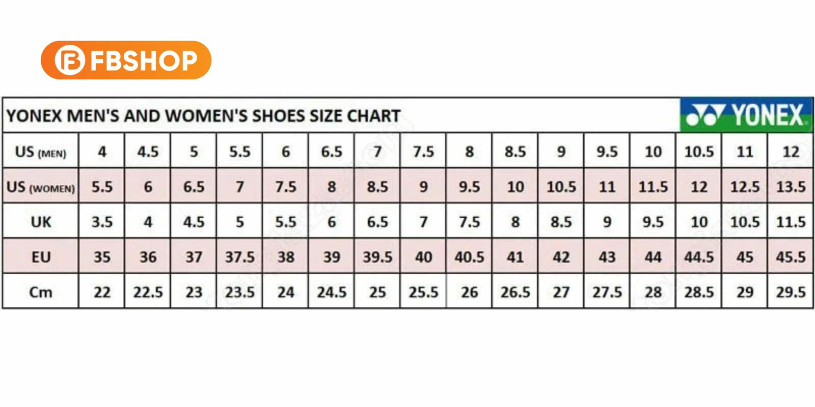 Bảng quy đổi size giày cầu lông Yonex Bảng quy đổi size giày thương hiệu Yonex