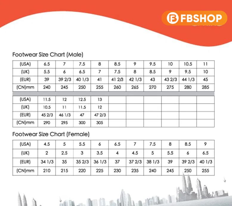 Bảng quy đổi size giày Lining AYTV003-3 Bảng quy đổi size giày Lining