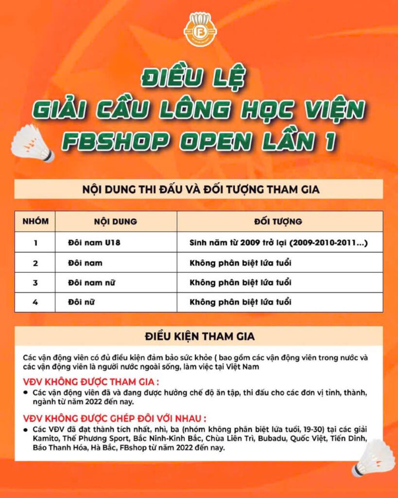 Nội dung và điều lệ thi đấu giải cầu lông Học viện cầu lông Fbshop Open lần 1