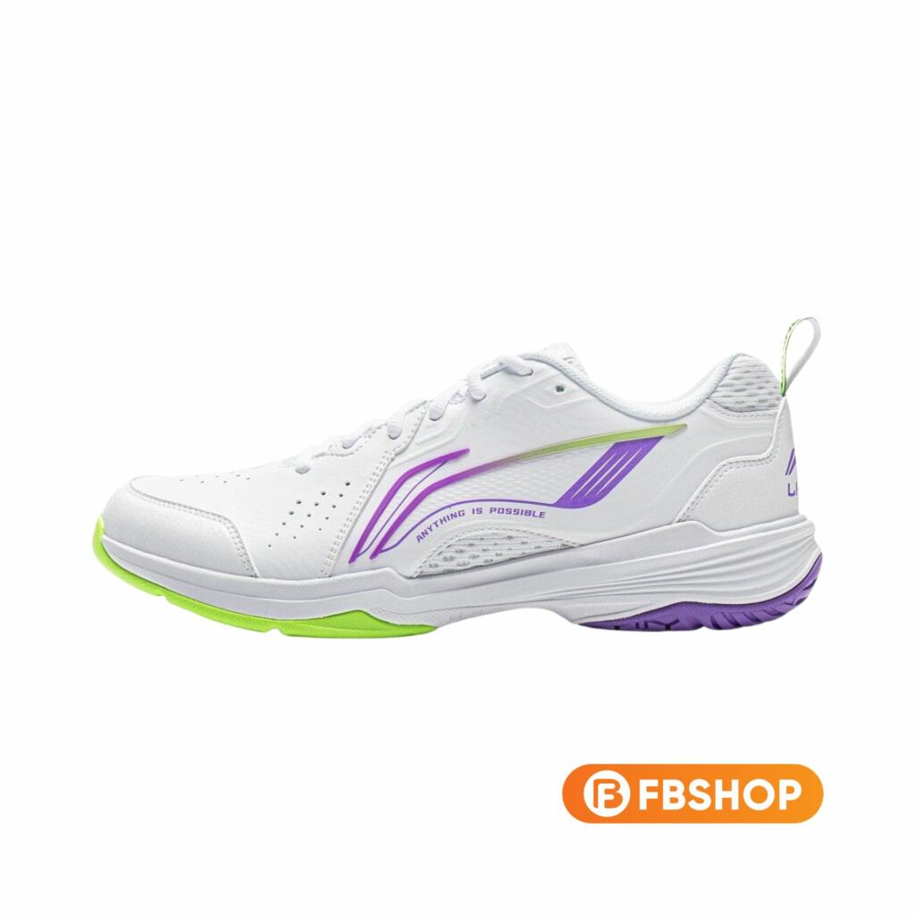 Giày Cầu Lông Lining P-AYTU001-8 với thiết kế màu trắng tinh khôi kết hợp cùng các chi tiết xanh tím nổi bật 