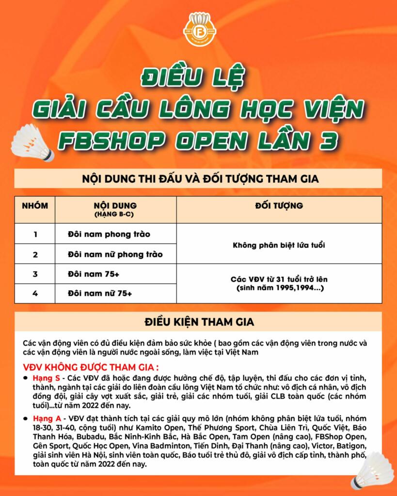 Giải Học viện Fbshop Open lần 3 dành cho VĐV phong trào mọi lứa tuổi