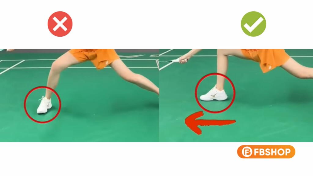 Tư thế đầu gối đổ vào trong khi thực hiện các pha đánh cầu ngang hoặc di chuyển ngang sân là sai Tư thế đầu gối đổ vào trong khi thực hiện các pha đánh cầu ngang hoặc di chuyển ngang sân là sai