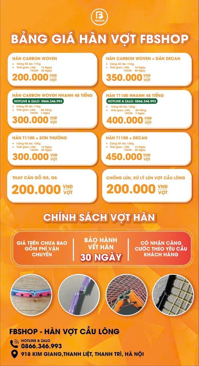 Bảng giá hàn vợt cầu lông 2026 tại Fbshop Bảng giá hàn vợt cầu lông 2026 tại Fbshop