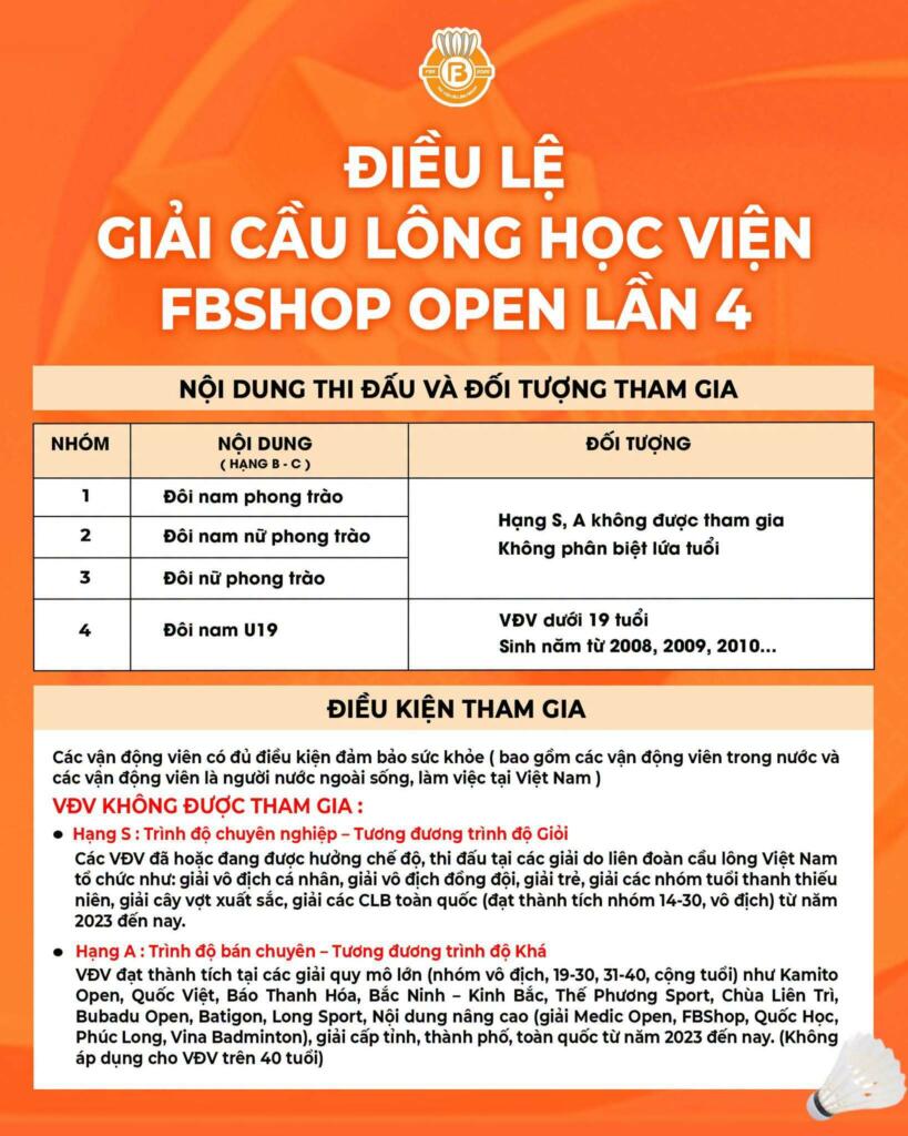 Điều Lệ Giải Cầu Lông Học Viện Fbshop Open Lần 4