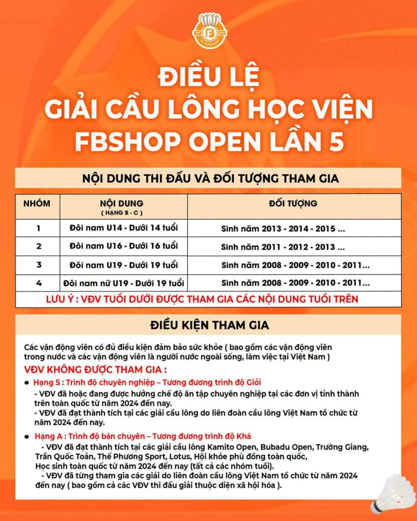 Điều lệ giải cầu lông Học viện Fbshop Open lần 5